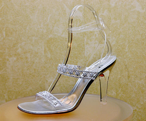 One of a pair of diamond-adorned shoes, highlighted with Kwiat Diamonds and created by designer Stuart Weitzman and valued at $2 million, to be worn by country star Alison Krauss who sang the Oscar-nominated song 'Scarlet Tide' from the movie 'Cold Mountain,' during the 76th Annual Academy Awards, as displayed in Los Angeles three days earlier, February 26, 2004.